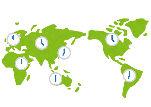 世界地図の上に各地の時計が並ぶ時差のイラスト
