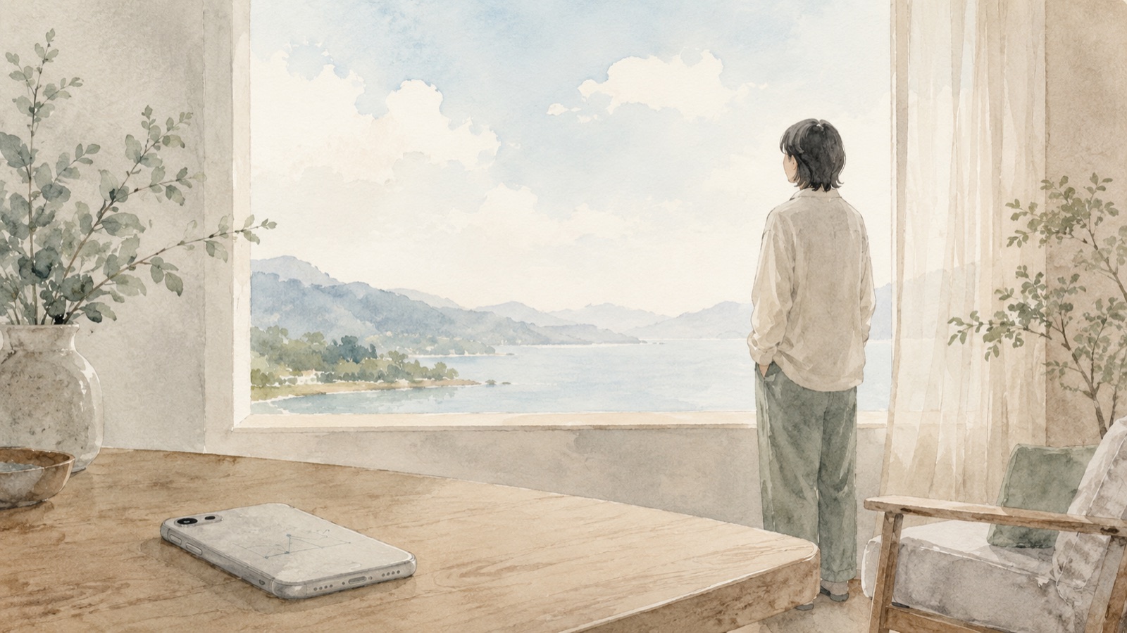 脱サラ後の一日の時間の使い方を考える水彩イラスト