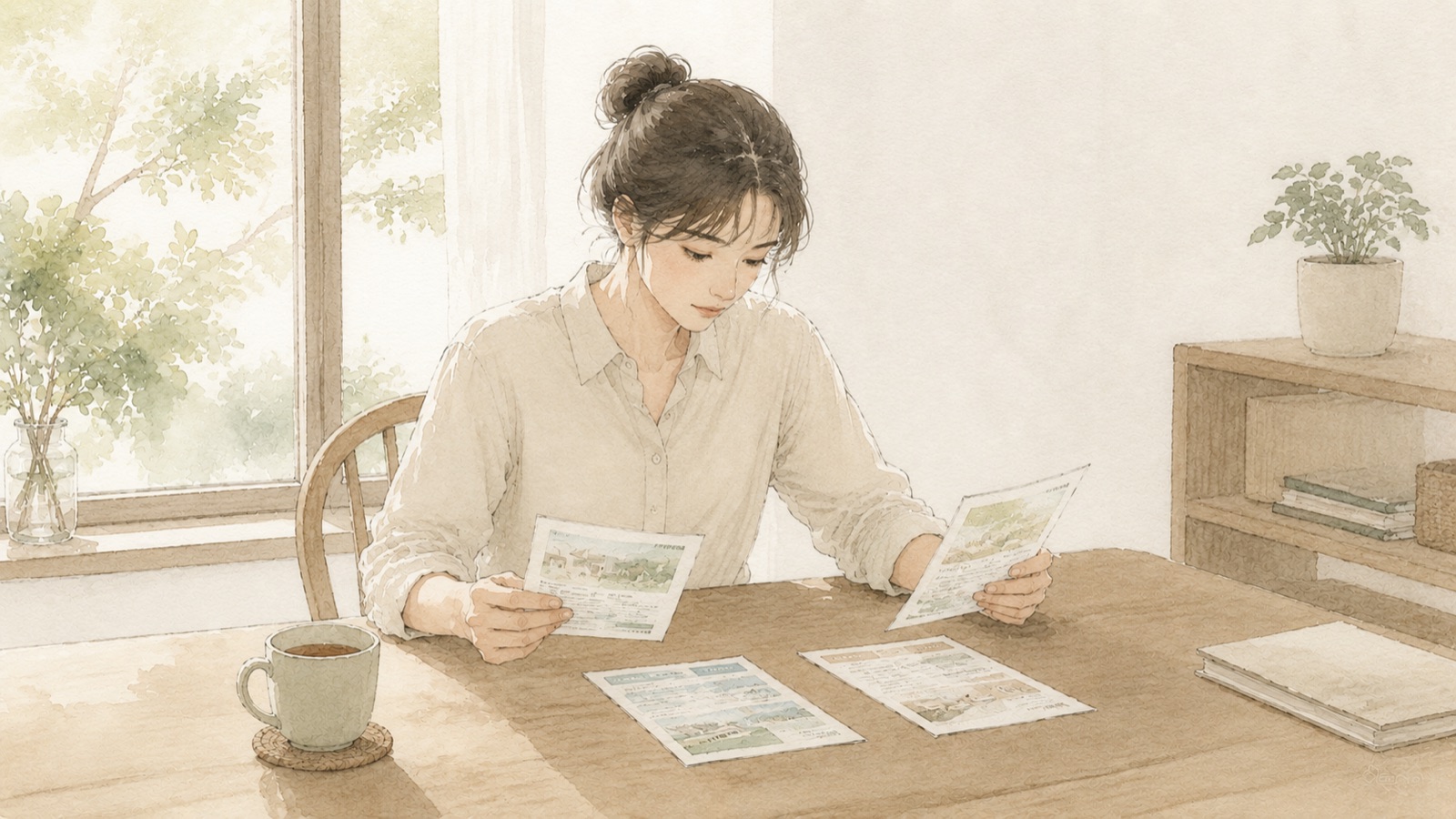 窓辺でFX口座のリーフレットを見比べる水彩イラスト