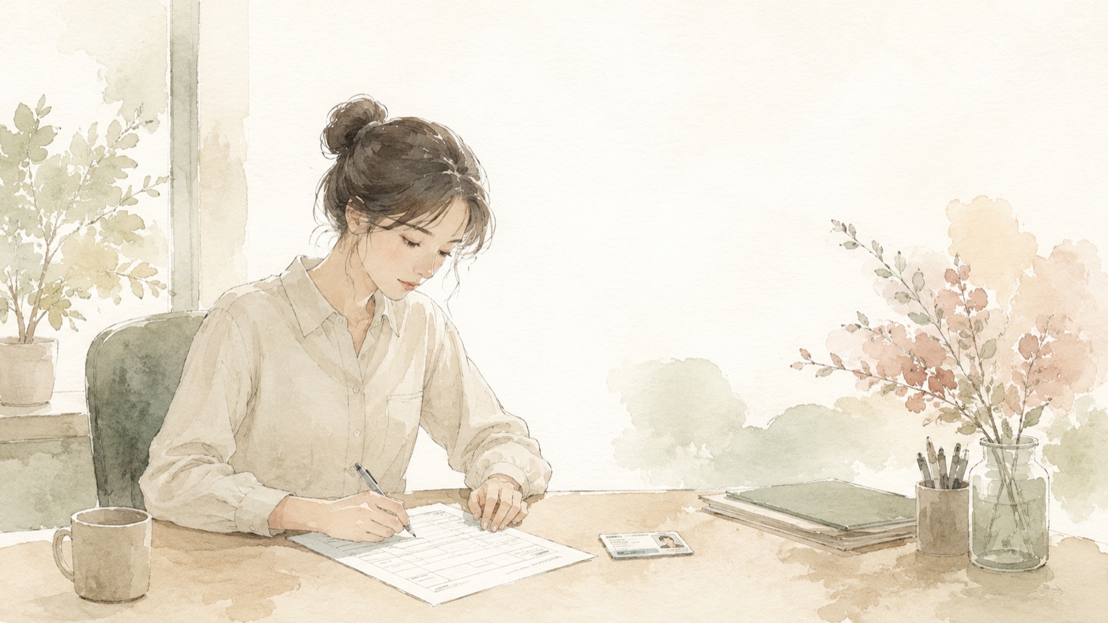在職中に口座開設の書類へ記入する水彩イラスト