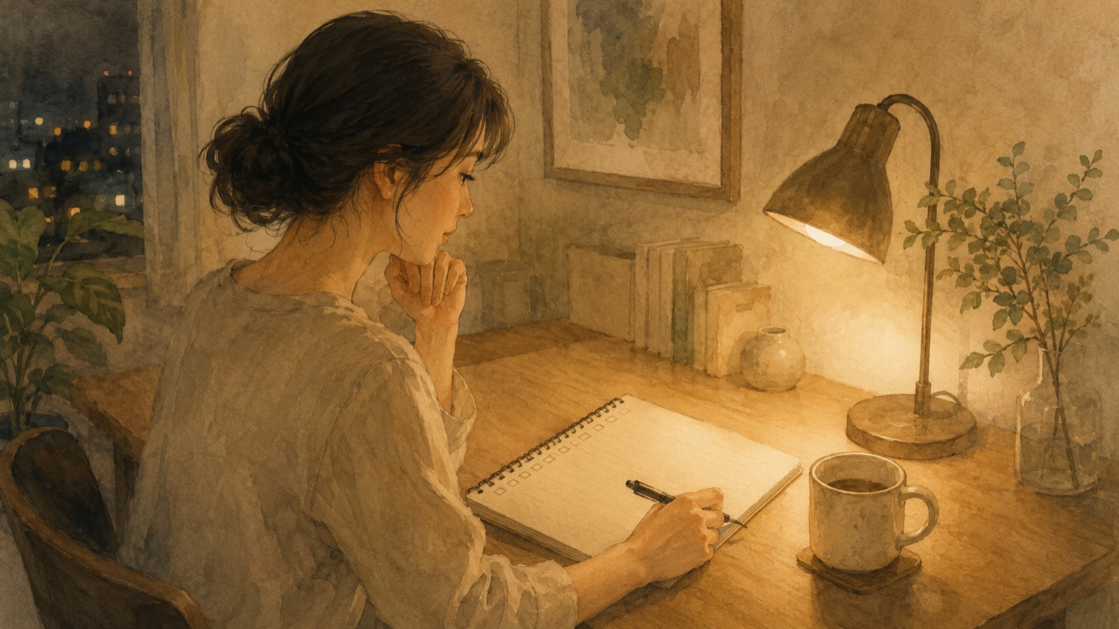 会社を辞める前の準備を静かに進める水彩イラスト